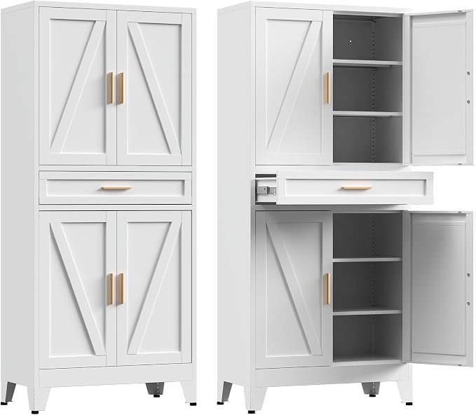Metal Storage Cabinets with Drawer, 71" Filing Cabinet with 4 Adjustable Shelves & 4 Doors, Modern Abstract Rhombus Geometric Design File Cabinet for Home,Office,Garage,Shop,School, White
