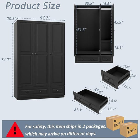 Armoire Wardrobe Closet with Drawers: 74" Black Tall Wardrobe Cabinet with Hanging Rod, Wooden Closet with 3 Doors and 2 Drawers, Modern Bedroom Armoires