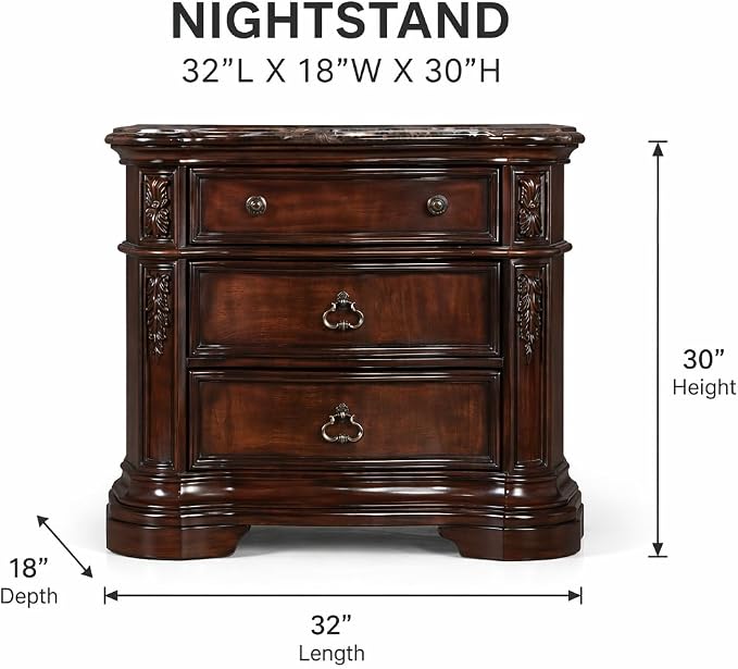 First of a Kind Barney’s Traditional Walnut Nightstand with Marble Top 3 Drawer Wood Bedside Table 32 Inch Curved Frame Circle Knobs Ornate Handles Classic Bedroom Furniture