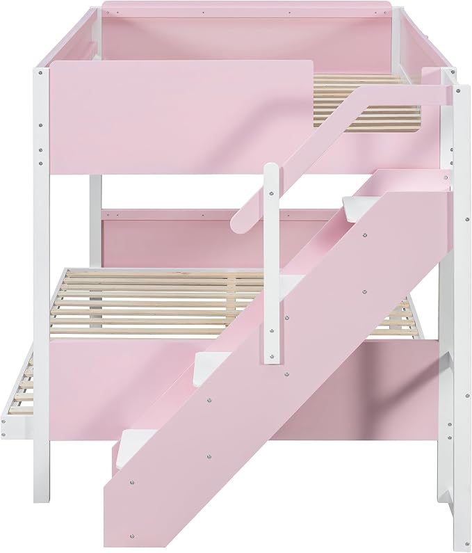 Wood Bunk Bed Full XL Over Queen with Staircase and Side Shelves | Light Strip Included, Striped-Design Stairs, Kids Teens Adults, Space-Saving Design, Versatile Bed Frame