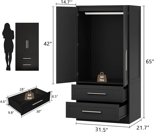 Einhomn Wooden Armoire Wardrobe Closet with 2 Doors and 2 Drawers,Freestanding Armoire Storage Cabinet with Shelves,Tall Clothing Storage Cabinet Suitable for Bedroom,Black