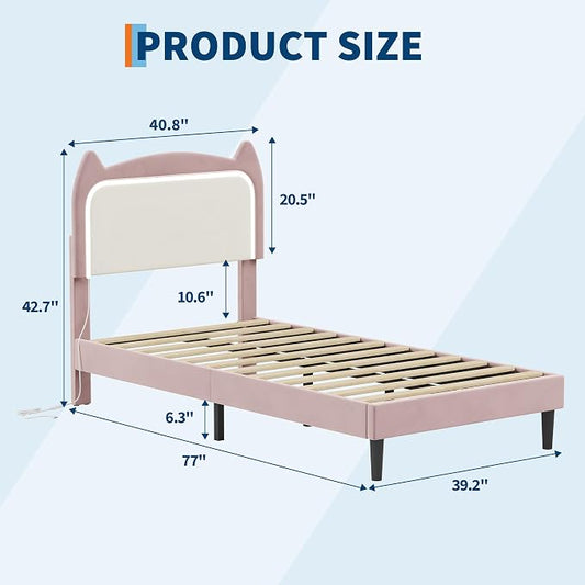 Garvee Twin Upholstered LED Bed Frame with Cute Cat Headboard, Velvet Princess Platform Bed Frame with Sturdy Wood Slats Support for Girls/Kids, No Box Spring Needed, Pink