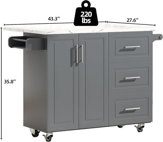 4 EVER WINNER Kitchen Island on Wheels with Storage and Drop Leaf, Faux Marble Texture Tabletop, 43" Kitchen Island Cart with Towel Rack & Spice Rack, Rolling Islands Cart for Kitchen, Gray