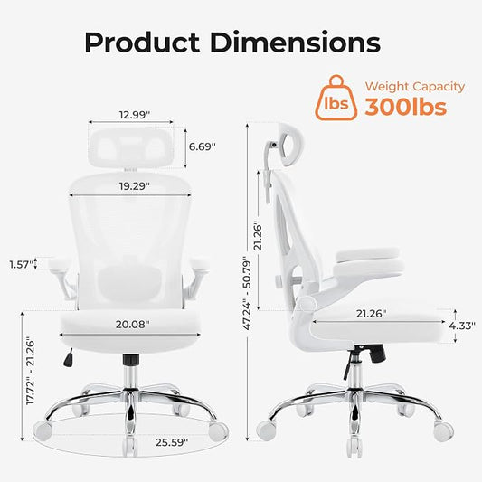 Office Chair Ergonomic Office Chair with Lumbar Support, Head Support, Rocking Function, Flip-up Armrests, Home Office Desk Chair, Suitable for Home, Office, White, 1 Pack