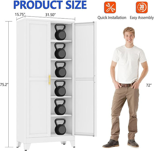 GAIOUS 75''Tall Metal Garage Storage Cabinet,File Cabinet with Door and Adjustable Shelves, Outdoor Steel Tool Cabinet for Home,Office,Warehouse,Garage,White