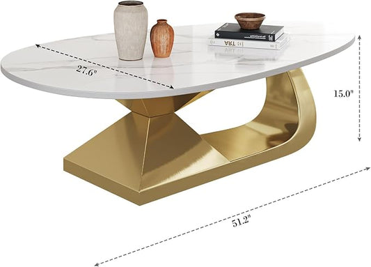 51.2-Inch Modern Oval Marble Coffee Table with Sturdy Gold Stainless Steel Base - Elevate Your Living Room with Style & Luxury, Scratch-Resistant & Easy Assembly.