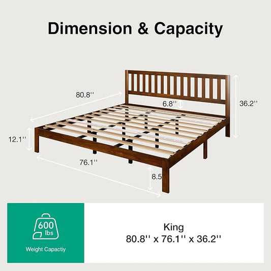 Novilla 12 Inch King Size Bed Frame Solid Wooden King Bed Frame and Headboard, King BedFrames with Classic Headboard, No Box Spring Needed, Easy Assembly, Walnut