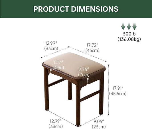 17.7'' Leather Upholstered Dining Ottoman with 100% Solid Oak Wood Ottoman Frame, Small Padded Foot Rest Stool Bench for Dining Kitchen Entryway, Champagne