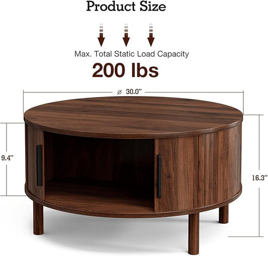 ZttRiee Round Coffee Table with Sliding Doors, Mid-Century, Walnut | Ø30.0"D x 16.3"H, 200 lbs capacity, dual sliding-door storage, ~45 min assembly