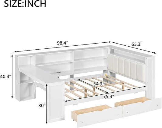 Bellemave Full Corner Bed with Storage Shelves and Desk, Upholstered Headboard Daybed with Bookcase and Drawers,Daybed with Storage, White+Beige Cushion