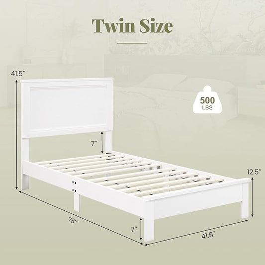 Wood Bed Frames with Headboard, Mid Century Bed Frame with Solid Wood Legs & Wooden Slat Support, Mattress Foundation Bed Base, No Box Spring Needed, (White, Twin)