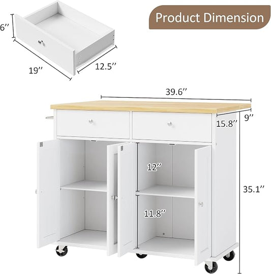 SUNLEI Kitchen Island with Storage, Kitchen Island on Wheels with Drop Leaf, Rolling Kitchen Island Cart with Cabinet and Drawers, Mobile Kitchen Storage Cart for Dining Room, White