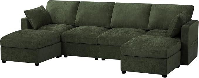 110” Chenille 4-Seats Sofa W/Two Movable Ottomans, Green | Modern Fabric U-Shaped Couch w/Soft Backrests, Upholstered Sectional Sofa w/Arm Pillows for Living Room, Office