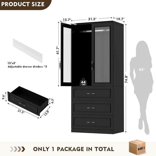 MEISSALIVVE Armoire Wardrobe Closet with 2 Door & 3 Drawers, 74.8" Large Wardrobe Cabinet with Hanging Rod, Freestanding Modern Bedroom Armoire Storage Cabinet, Black
