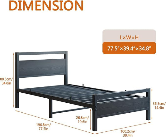 BOFENG Black Twin Bed Frame with Wood Headboard,Metal Single Platform Bed Frame Twin Size No Box Spring Needed,Heavy Duty Metal Slats Support,Noise Free,Single Bed Base,Easy Assembly