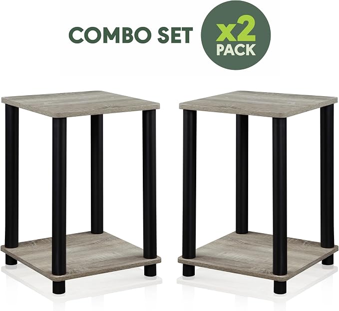Furinno Turn-N-Tube Toolless Assembly Side Table Set of 2, Stackable 2-Tier Grey End Table with Open Shelf, Night Stand, Bedside Table, for Living Room, Bedroom, Grey Oak