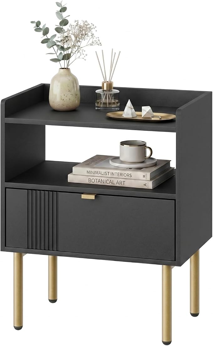 Black Mid-Century Modern Nightstand, End Table with Drawer & Open Shelf | Sturdy metal legs, space-saving for small rooms, quick assembly, raised anti-slip edge, fits bedroom dorm living room