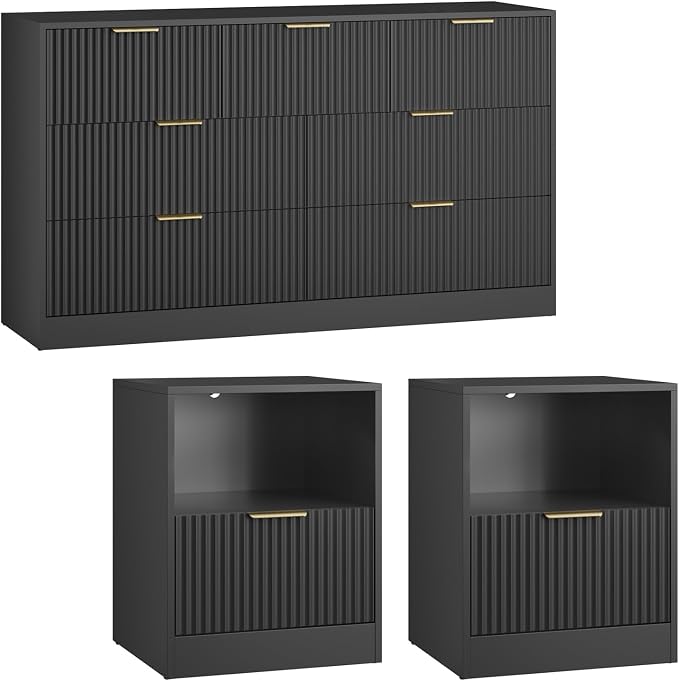 3 Pcs Black Dresser & Nightstand Set, 7 Drawer Dressers and Night Stand Set of 2 with Metal Handle, Fluted Modern Wood Chest of Drawers Storage Dressers Set for Bedroom, Black