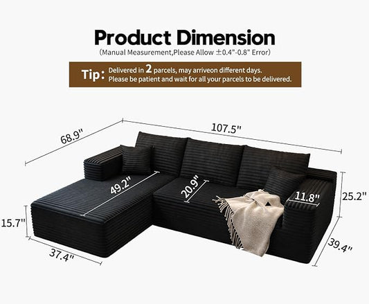 107.5" Cloud Modular Sectional Sofa Couch with L-Shape Chaise,Modern Minimalist Upholstered Couches for Living Room Bedroom,Deep Seat Corner Couch,No Assembly Required (Black,Left Facing Chaise)