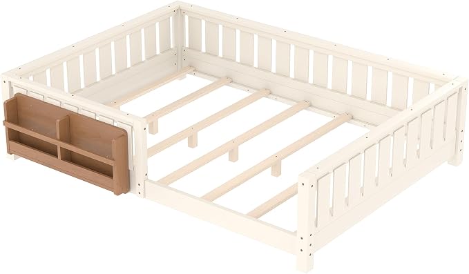 Bellemave Queen Size Floor Bed with high Rails and with Built-in Bookshelf for Kids, Girls, Boys, Wood Montessori Floor Bed Without Door, Beige