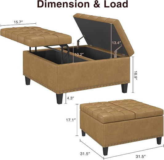 FiveWillowise Square Leather Ottoman with Storage, Faux Leather Coffee Table with Lift Top,Large Upholstered Footrest Stool Toy Box Storage Bench for Bedroom Living Room, Camel