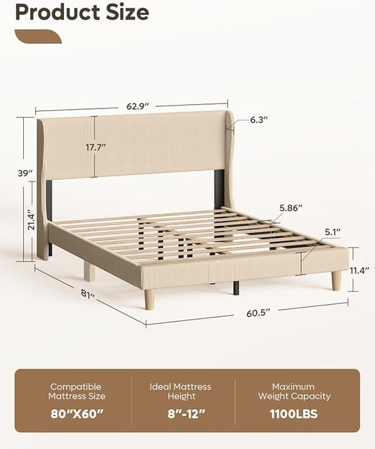 Bestier Queen Bed Frame with Wingback Headboard,Upholstered,Taque | Wingback Headboard,Easy Assembly,No Squeaks,Vertical Channel Corduroy Upholstered,Wooden Slats Support,No Box Spring Needed