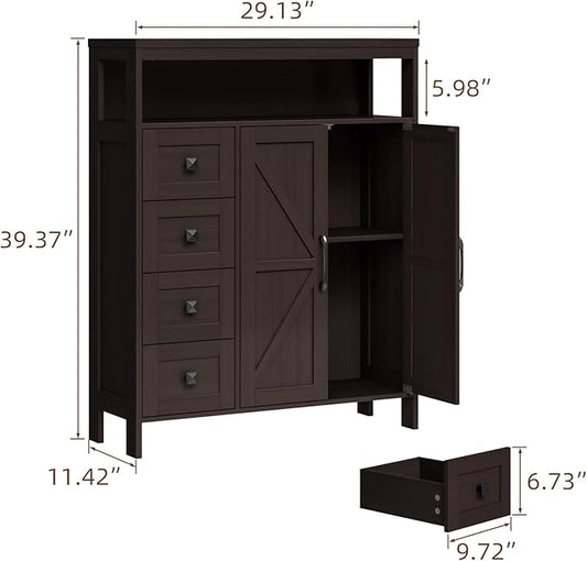 Vabches Farmhouse Storage Cabinet with 2 Doors and 4 Drawers, Freestanding Bathroom Compartment Kitchen Pantry Cabinet, Floor Cupboard for Kitchen/Living Room/Bathroom, Espresso