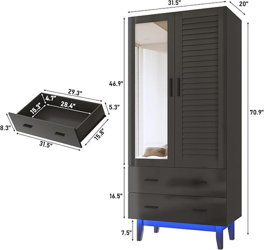 Hlivelood 2 Door Armoire Wardrobe Closet Cabinet with Mirror, Drawers and LED Lights, Multi-Tier Shelves, Hanging Rod & 2 Louver Doors, Large Capacity Storage Wardrobe Armoire for Bedroom, Black