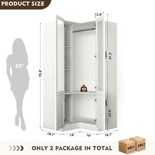 MEISSALIVVE L-Shape Armoire Wardrobe Closet with Frosted Glass Door, 70.9''H Bedroom Clothing Storage Cabinet with Hanging Rod, Adjustable Shelves, Clothes Wardrobe Armoire for Bedroom, Wood Grain