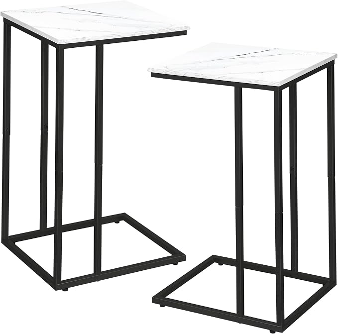 C Shaped Side Table Set of 2, Marble End Table for Sofa and Bed, Couch Table That Slide Under, Snack Side Table for Living Room, Bedroom or Small Spaces, White and Black