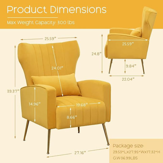 Accent Chair High Back Arm Chair for Living Room, Upholstered Wingback Armchair with Golden Legs Lumbar Pillow, Single Sofa Reading Chair for Bedroom, Apartment, Small Spaces Velvet Yellow