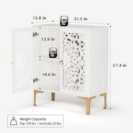 JOINICE 31.5" Accent Storage Cabinet with Carved Doors, White Boho Sideboard for Storage, Coffee Bar Cabinet & Entryway Table with Gold Legs, Decorative Buffet Cabinet for Dining Room, Living Room