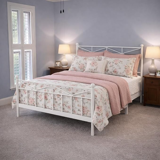 EnHomee 14.2" Metal Twin Bed Frames with Tall Headboard & Footboard, LED Light Twin Bed Frame, Strong Slats Support and Noise-Free Design with Under Bed Storage/No Box Spring Needed/White