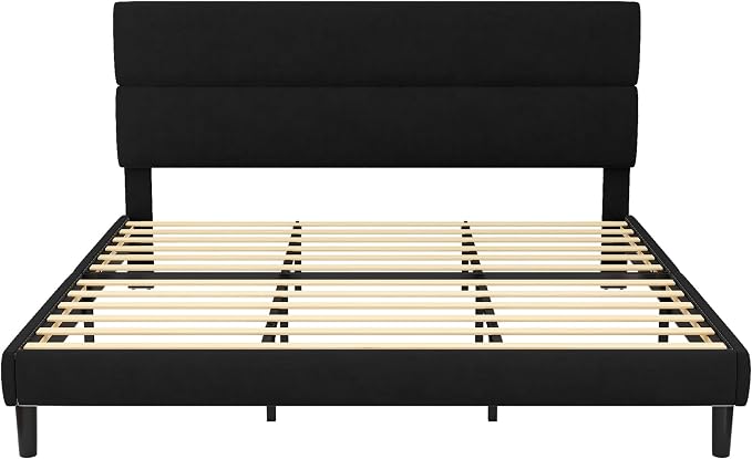 GRUSIGN King Size Platform Bed Frame with Velvet Headboard, Adjustable Height Wooden Slats Support, Upholstered Mattress Foundation, Fits Mattress or Mattress with Box Spring, Easy Assembly, Black