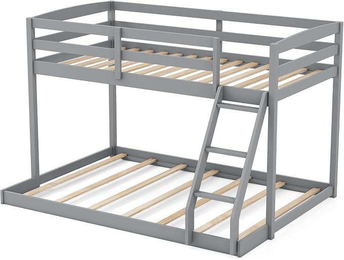 KOMFOTT Low Bunk Bed Twin Over Full, Solid Wood Twin Bed Frame with Built-in Ladder & Safety Guardrails, Space-Saving Low Bunk Bed for Kids, Teens, No Box Spring Needed