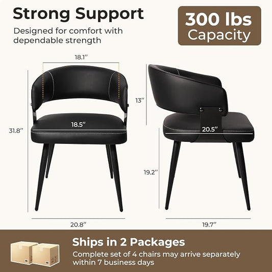 Dining Chairs Set of 4, Modern Upholstered Faux Leather Kitchen Chairs with Curved Back, Easy to Assemble & Clean for Dining Room, Restaurant, Cafe, Black