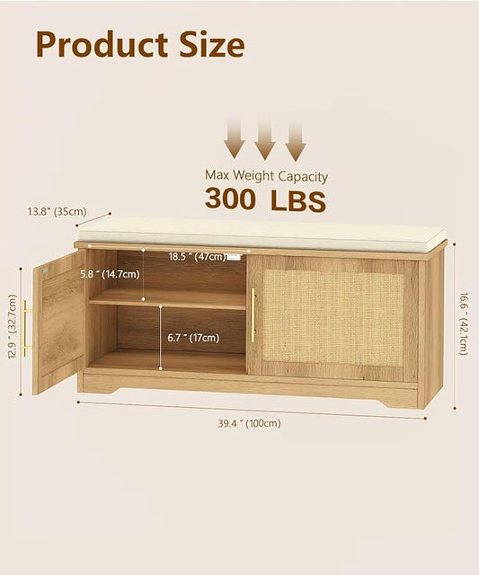 Rattan Shoe Storage Bench with Cushion, 39.4" Wide Entryway Bench with Adjustable Shelf, Hidden Shoe Organizer Cabinet, for Hallway, Living Room, Bedroom, Natural Oak