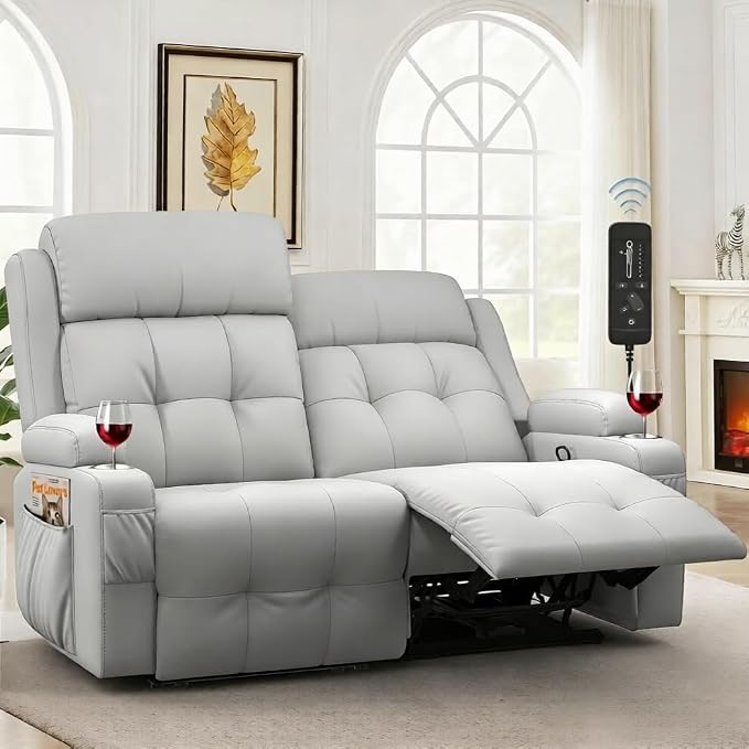 Reclining Loveseat, 55.1" RV PU Leather Wall Hugger Recliner Love Seats Sofa with Charging Station, Removable Armrest, Cup Holder, Double Recliners Couch, Manual Love Seat for Living Room