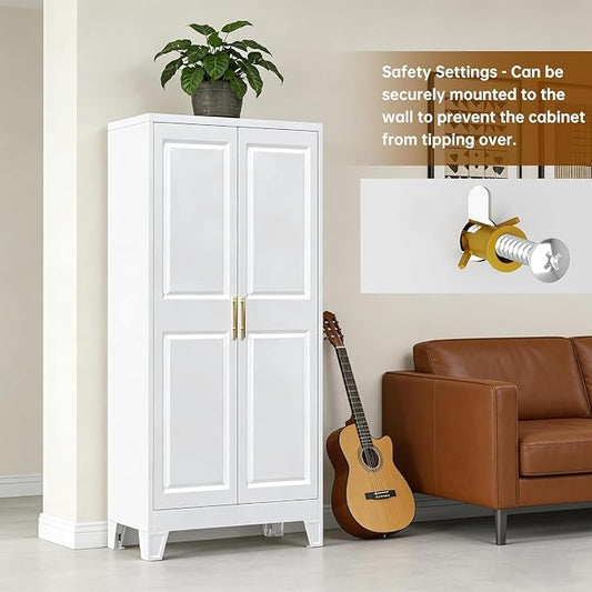61.4" White Metal Pantry Storage Cabinet, Farmhouse Kitchen Cupboard with 3 Adjustable Shelves, Magnetic Closure, Anti-Tip Kit & Moisture-Proof Legs for Kitchen, Living Room, Assembly Required