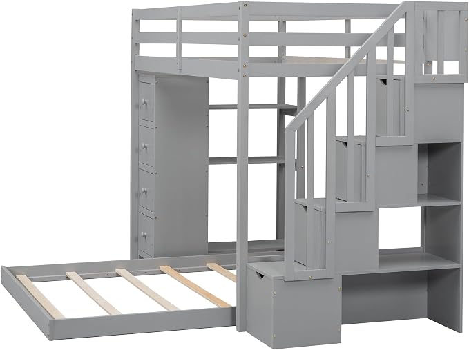Ball & Cast Twin Over Full Bunk Bed with Safty Guardrail & Storage Stairs,Wood Bedframe W/ 3-Layer Shelves & Drawers,Easy Assembly,Space Saving,Compact Bedroom Furniture Set for Boy Girl Teens,Gray