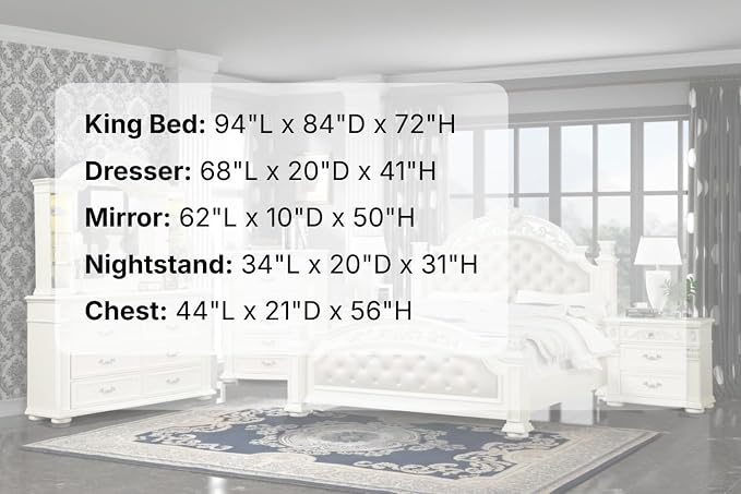 First of a Kind Platinum Traditional 5 Piece King Bedroom Set with Upholstered Tufted Headboard Elegant European Inspired Design Coordinated Furniture Collection, White