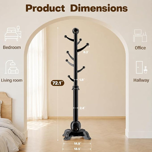 Hall Tree, Freestanding Wood Tree Rack with 7 Hooks, Coat Rack with Stable Sphere Base, Wooden Coat Rack Stand, Load 210 lb, Coat Hanger Stand for Entryway, Hallway, Bedroom (Black)