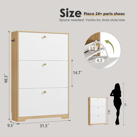 Nicetree Shoe Cabinet with 3 Flip Drawers,Freestanding Shoe Storage Cabinet, Narrow Shoe Organizer Cabinet, Farmhouse Slim Shoe Rack Cabinet for Entryway, Natural Oak and White with Hook