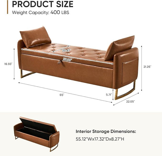 65" End of Bed Storage Bench, Leather Storage Bench for Bedroom with Tufted Button Upholstered and Gold Legs, Ottoman Bedroom Benches with Armrests for Living Room Window, Brown