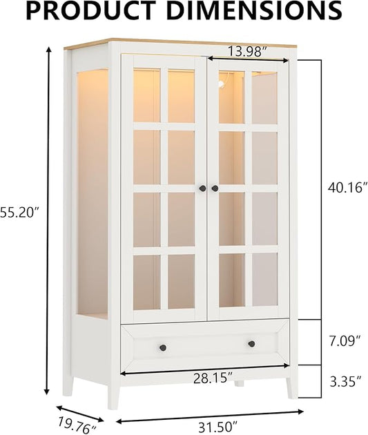 Loomie Armoire Wardrobe Closet with LED Lights, Bedroom Freestanding Armoire Display Cabinet with Glass Doors and Drawer, Large Clothing Storage Cabinets with Hanging Rod for Bedroom