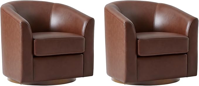 HULALA HOME Genuine Leather Swivel Barrel Chairs Set of 2, Round Swivel Accent Chairs with Solid Wood Base, Leather Barrel Accent Chair for Living Room, No Assembly Required, Brown