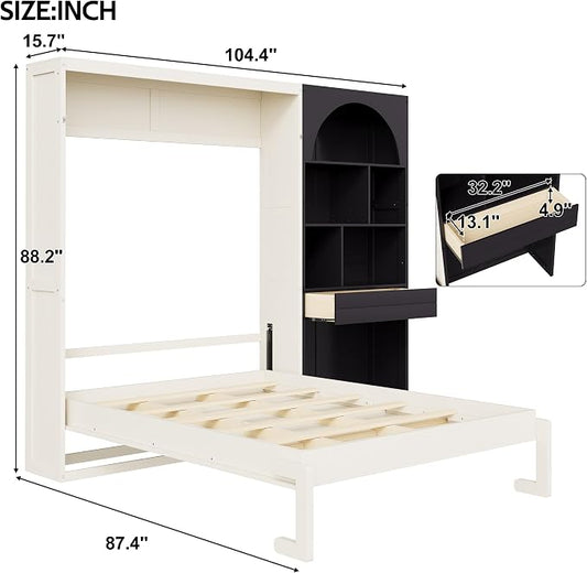 Merax Farmhouse Multi-Functional Murphy Bed with Cabinets & a Drawer,Black | Queen Size Solid Wood Foldable Wall Bed with Upholstered Headboard / No Box Spring Needed / Space Saving