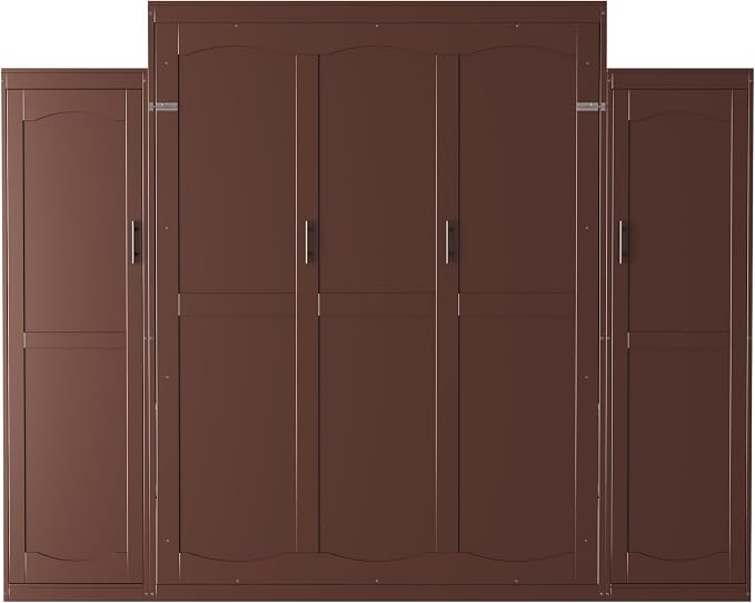 Merax Queen Size Wood Murphy Bed, with 2 Wardrobe and Storage Shelf, Multifunctional Foldable Wall Platform Bedframe for Guest-Room, Bedroom, Walnut