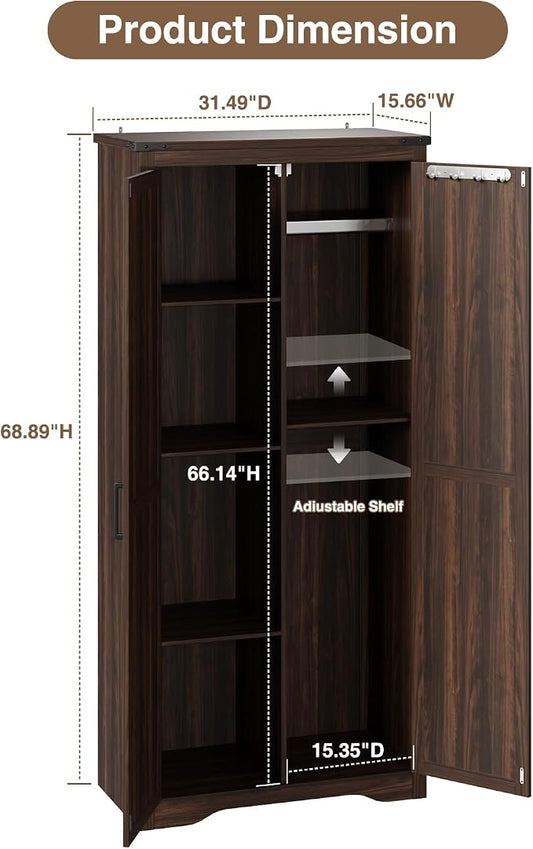 Farmhouse Storage Cabinet with Adjustable Shelves, Large Pantry Organize with 2 Barn Doors, Tall Freestanding Cabinet for Kitchen, Bathroom, Garage, Basement, Living, Utility Room, Rustic Brown