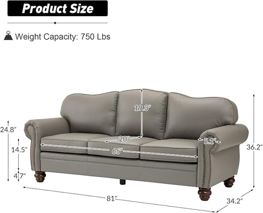 81" Genuine Leather Sofa, Classic 3-Seater Couchs with Wood Legs, Stylish & Comfortable Sofa for Living Room or Office, Easy Assembly and Maintain & Long-Lasting, Grey